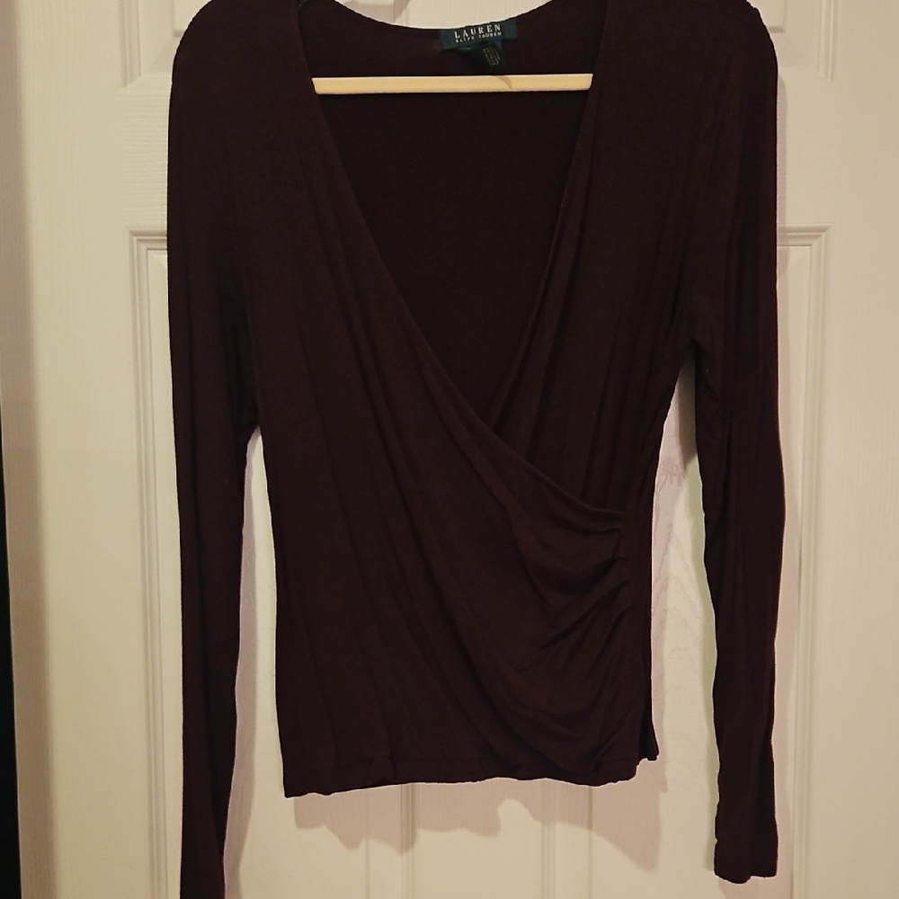 Lauren By Ralph Lauren Burgundy Long Sleeve Wrap Top